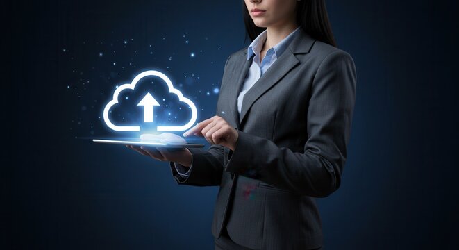 businesswoman hand using tablet with creative glowing clouds hologram on blurry binary code background. Cloud computing and database concept. Double exposure.