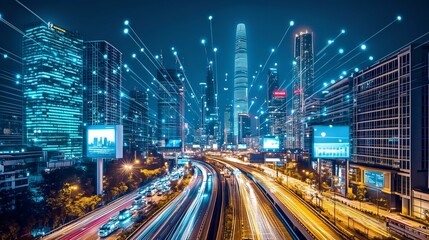 Fototapeta premium futuristic smart city skyline at night, illuminated by vibrant lights and digital connectivity. Skyscrapers interconnected, network data points, symbolizing smart technology integration