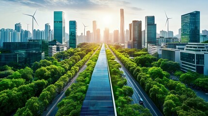Futuristic smart city with renewable energy sources, wind turbines and solar panels are visible, symbolizing the city's commitment to eco-friendly development.