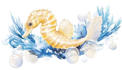A vibrant seahorse swimming amidst swirling ocean waves and bubbles