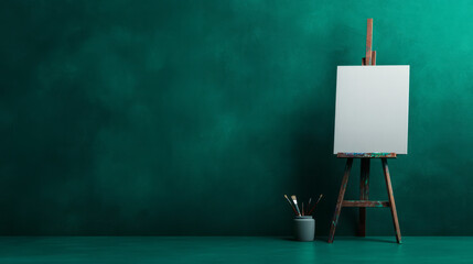A moody corner in a painterâ€™s studio where a vintage easel and blank canvas await, offset by a