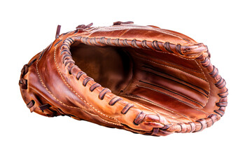 Old leather baseball glove brown designed for catching displayed isolated on cut out PNG or transparent background. Show texture and craftsmanship perfect for sport equipment photography product.	