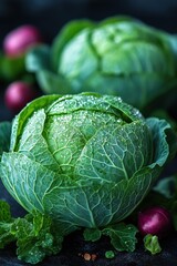 Fototapeta premium Fresh green cabbage with water droplets on dark background