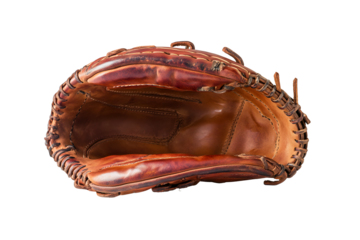 Old leather baseball glove brown designed for catching displayed isolated on cut out PNG or transparent background. Show texture and craftsmanship perfect for sport equipment photography product.