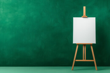 A stately oak easel standing tall, showcasing a blank, textured canvas in front of a softly lit