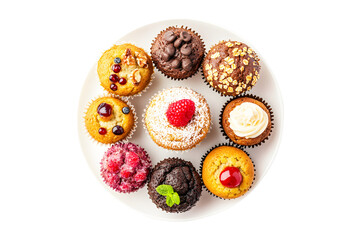 Luxurious plate of freshly baked muffins beautifully arranged and garnished set against isolated on cut out PNG or transparent background. Emphasizing their texture and elegance. Banana cake.
