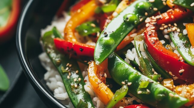Close-up of rice and spicy vegetable stir-fry with snow peas and bell peppers in a black bowl, emphasizing spicy and crunchy aspects. Ideal for quick meals and Asian cuisine.