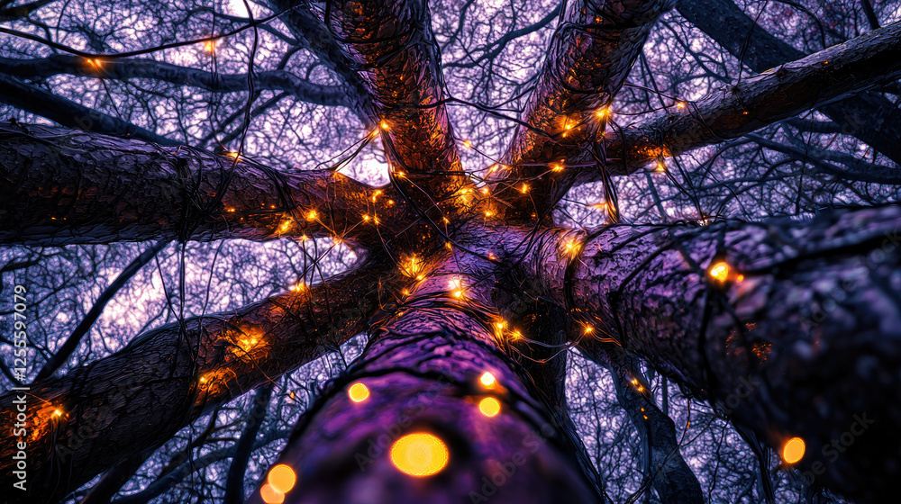 Poster enchanted forest view with glowing lights wrapped around tree trunks at twilight