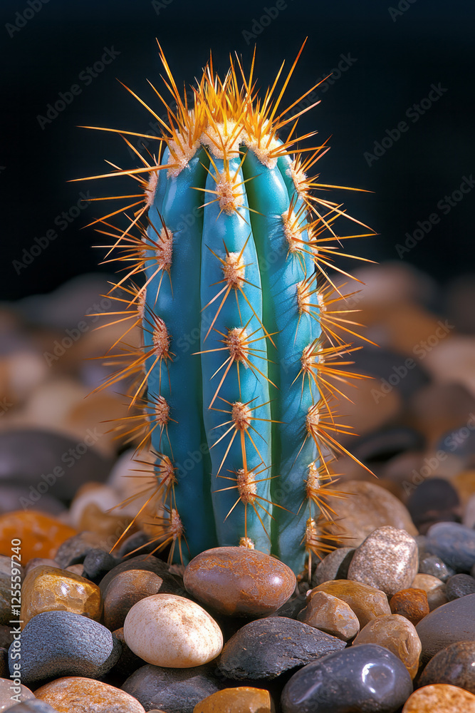 Aufkleber a close-up of a vividly colored turquoise cactus displaying razor-sharp golden thorns, surrounded