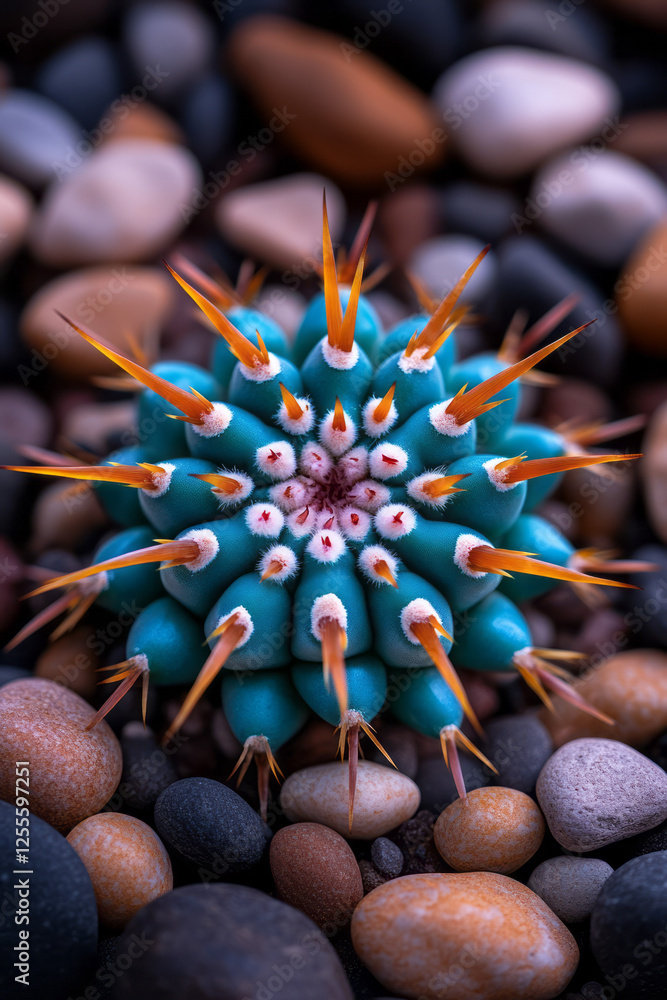 Poster a close-up of a vividly colored turquoise cactus displaying razor-sharp golden thorns, surrounded