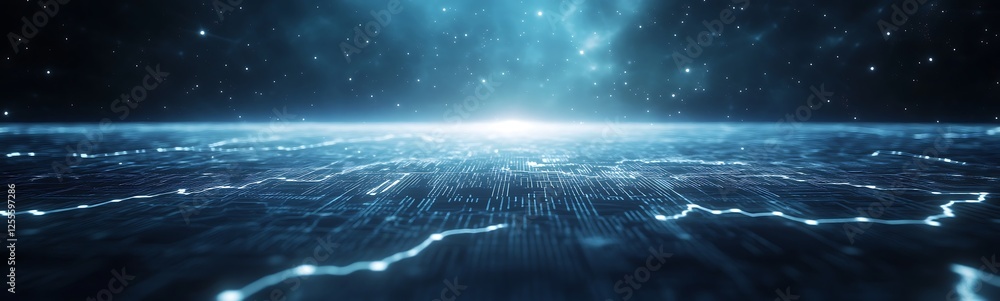 Poster futuristic digital landscape with glowing lines and a starry sky, evoking technology and exploration