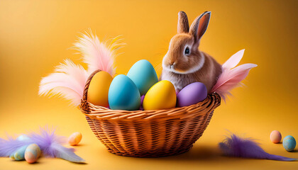 Happy Easter celebration greetings background with colorful eggs, decorations and an easter bunny