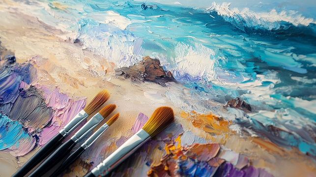 set of accessories for painting with paints and brushes. fine art tools. creative composition in flatley style.