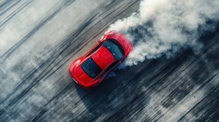 Aerial top view of a red car drifting with smoke from the tires on a gray metal surface, with an asphalt road in the background.