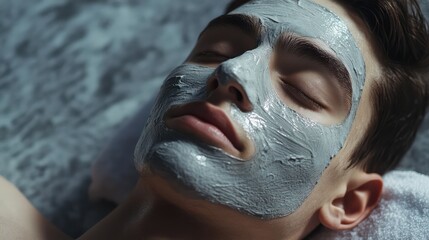 Fototapeta premium A young man in a spa, with a facial mask, eyes closed, and lying near a grey wall . The man is enjoying a beauty treatment at a salon for skin care or facial cosmetics