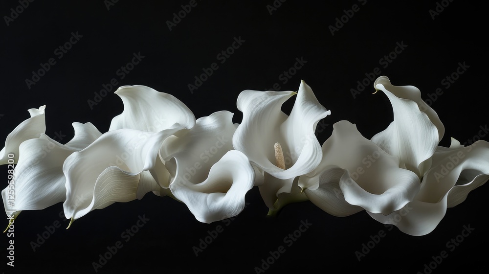 Poster a simple yet elegant display of white calla lilies against a black background, ideal for creating a 