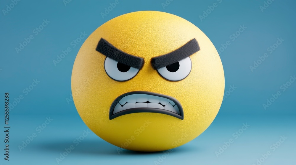 Poster close up view of a round, yellow face with a textured surface, displaying an angry expression. the f