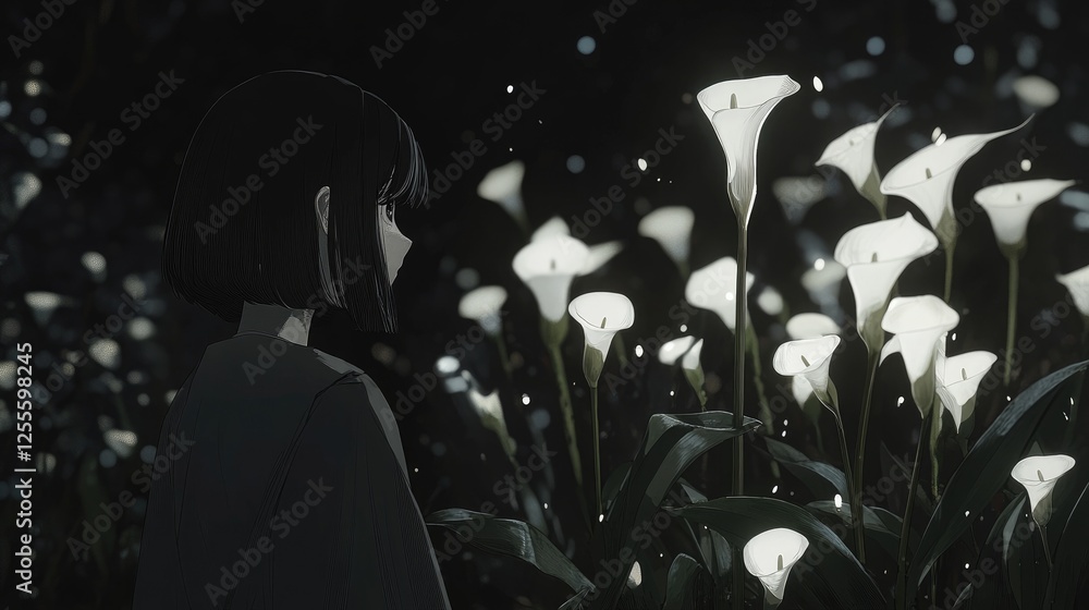Poster A simple yet elegant display of white calla lilies against a black background, ideal for creating a calming atmosphere