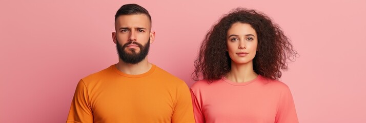 A man and a woman are standing next to each other in orange shirts. The woman has curly hair and the man has a beard. The image has a warm and friendly vibe