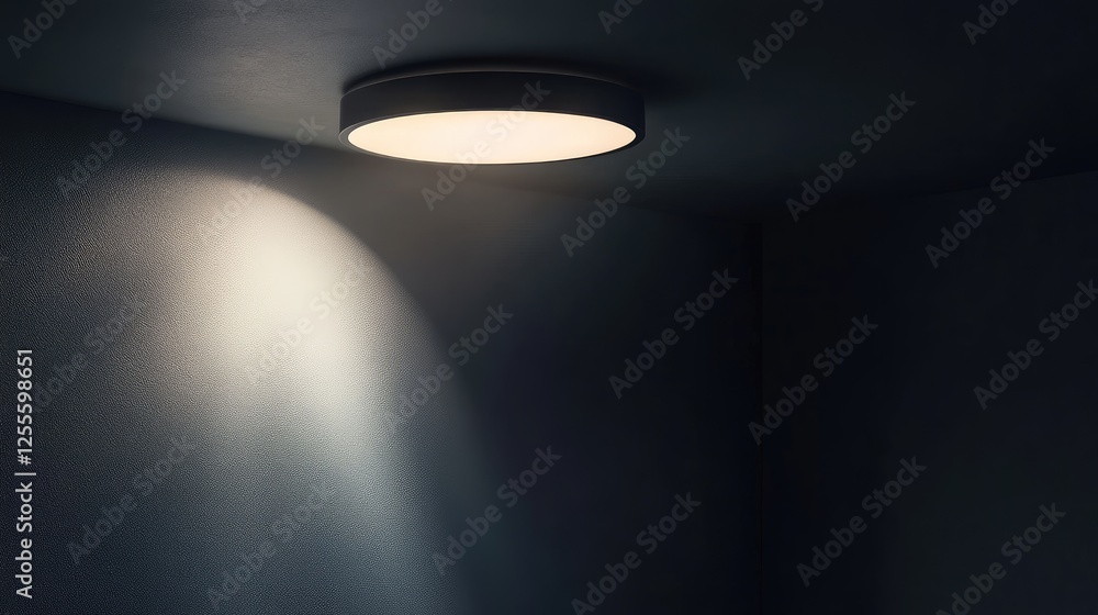 Poster a single ceiling lamp providing soft light in a dark room, casting calming shadows on surrounding su
