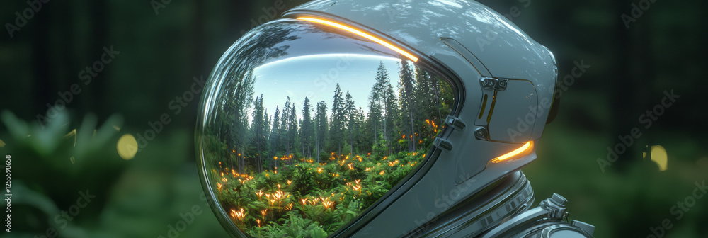 Poster a reflective astronaut visor displaying a tranquil forest panorama, contrasted with the