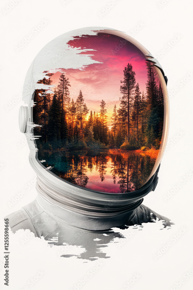 Leinwandbilder a minimal sci-fi suit enveloping an astronaut whose mirrored face shield captures a peaceful