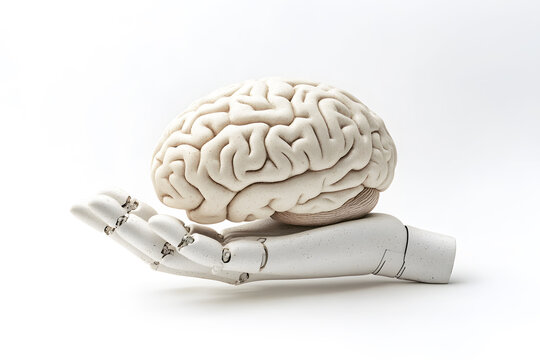 Conceptual image of AI robot cyborg hand holding human brain on white background. Symbol idea of robots taking over intellectual tasks from human. Artificial intelligence. Future world technology.