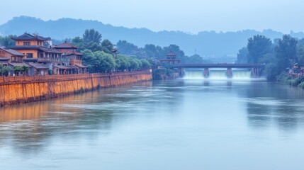 Obraz premium Tranquil river view with traditional architecture scenic landscape early morning peaceful atmosphere