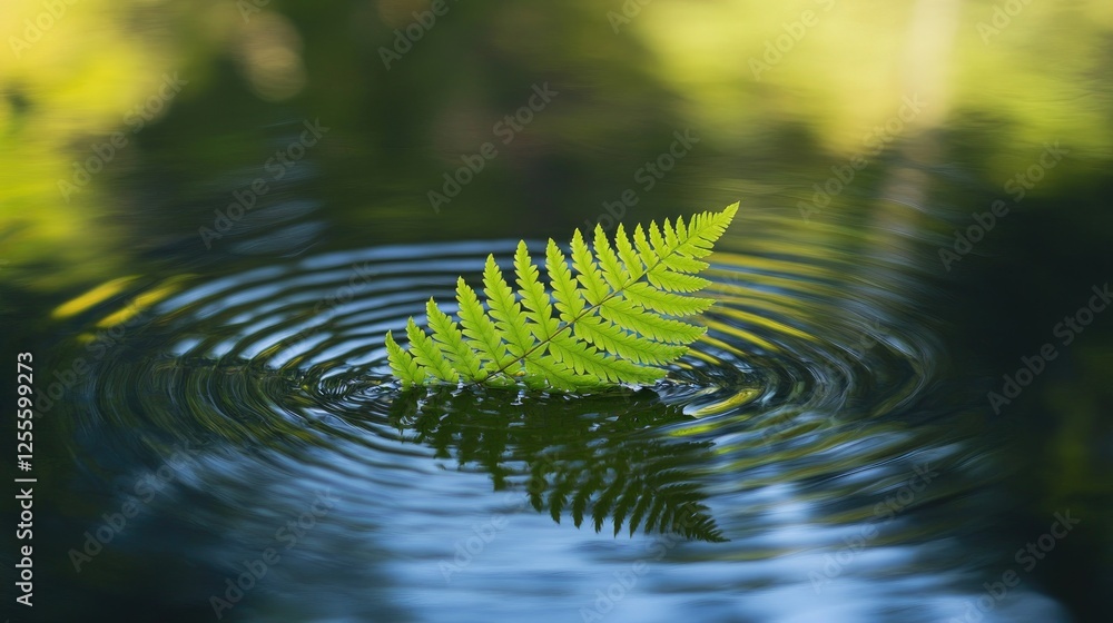 Poster a single green fern leaf drifting on the surface of a pond, surrounded by gentle ripples and tranqui