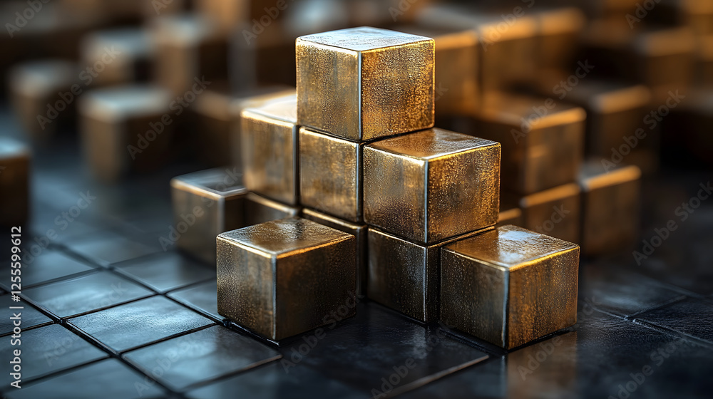 Poster A close-up view of metallic cubes stacked on a textured surface, showcasing light reflections and intricate details