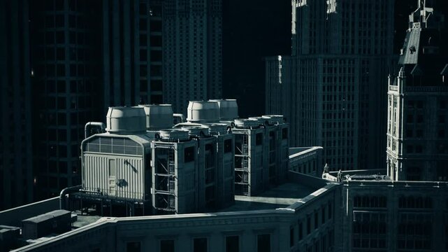 Cooling units sit on a rooftop in a bustling city, illuminated at night. Skyscrapers surround the area, showcasing a mix of modern architecture and urban life.