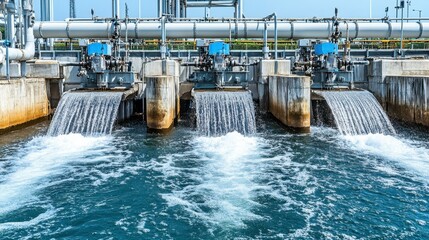 Water treatment system operation industrial facility infrastructure urban environment aerial view efficiency analysis