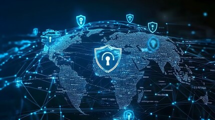 A world globe with interconnected nodes, symbolizing global connectivity, overlaid with subtle cybersecurity.represents global cybersecurity, data protection, secure networks, and digital connectivity
