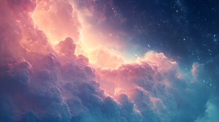 Fototapeta premium Dreamlike cloudscape glows softly pink and blue under a starry night sky. AI Generated