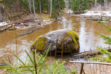 Fototapeta premium a large rock in the water with a ladder attached to it.