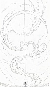 A lone figure, cloaked and small, stands before a celestial vortex swirling between two moons, the scene imbued with a sense of wonder and quiet contemplation. Line art, whimsical fantasy illustration