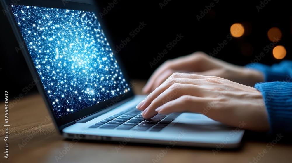 Poster close up view of a person's hands typing on a computer keyboard, dimly lit, with a screen displaying