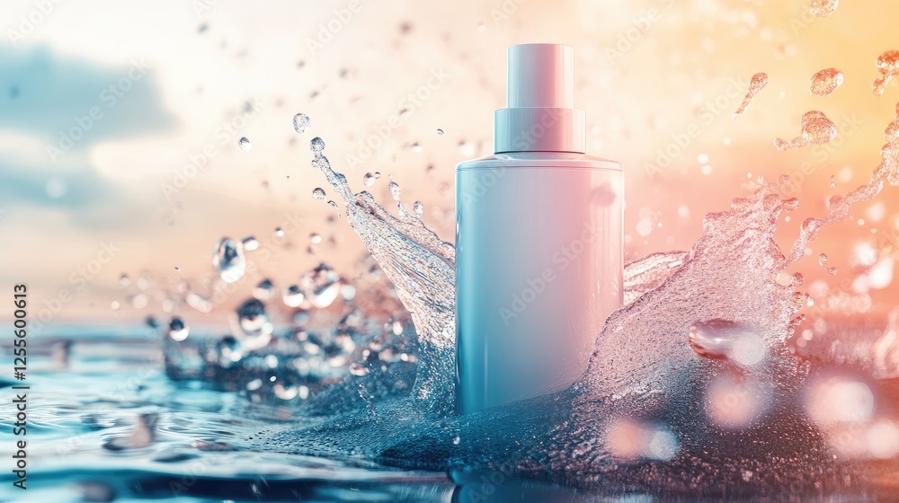 Poster a sleek cream bottle mockup in a vibrant water splash, with droplets flying around, emphasizing a re