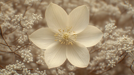 Fototapeta premium A delicate white flower blooms amidst a soft background of tiny white blossoms, creating a serene and gentle floral composition