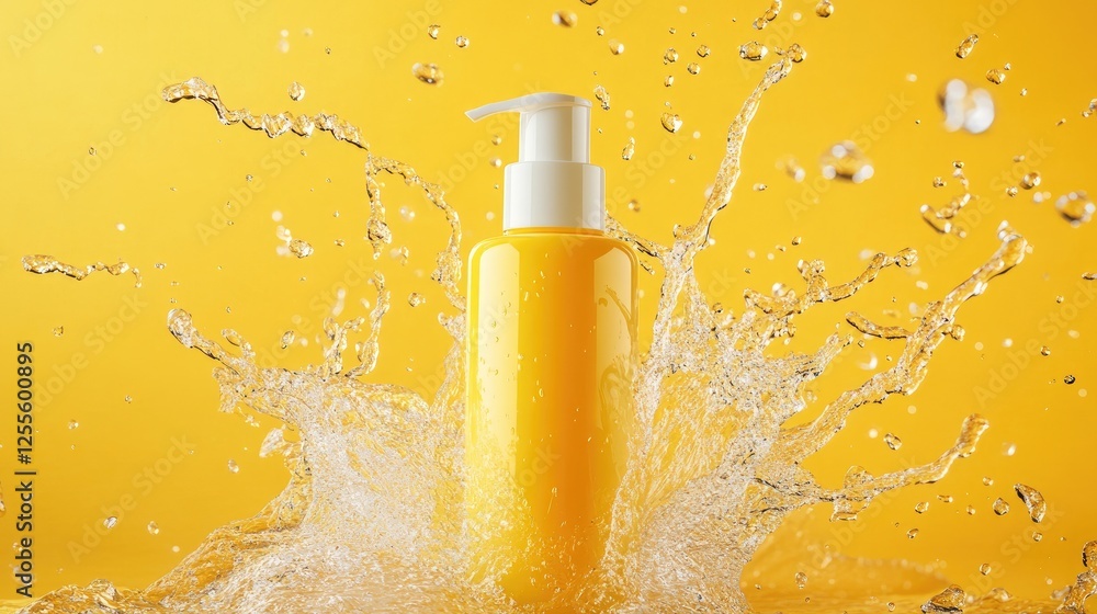 Poster a sleek cream bottle mockup in a vibrant water splash, with droplets flying around, emphasizing a re