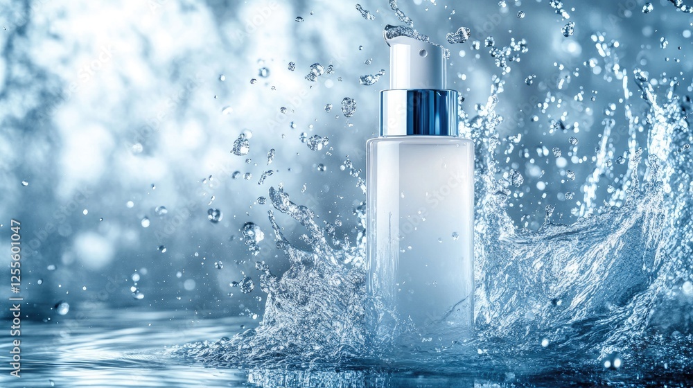 Poster a sleek cream bottle mockup in a vibrant water splash, with droplets flying around, emphasizing a re