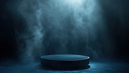 Dramatic Empty Round Platform Stage Setting Under a Dramatic Spotlight in a Smoky Blue-Darkened Atmosphere
