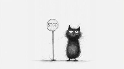 Obraz premium Vector illustration of black cartoon cat with a stop sign.