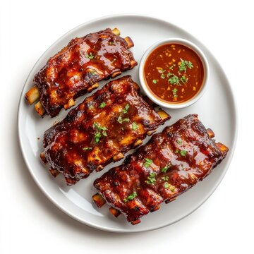 BBQ ribs with sauce, overhead view, white background, food photography, menu use