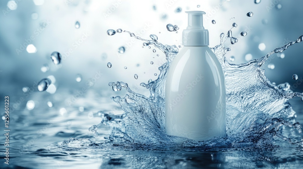 Poster A sleek cream bottle splashed by vibrant water droplets, surrounded by flying water drops, creating a dynamic and refreshing image