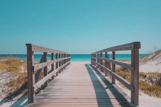 Wooden boardwalk leading to a tranquil beach under a clear blue sky.