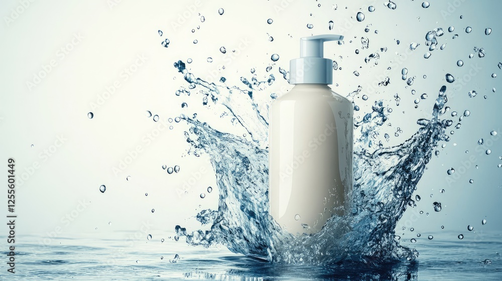 Poster A sleek cream bottle splashed by vibrant water droplets, surrounded by flying water drops, creating a dynamic and refreshing image