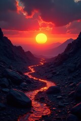 Sun dips below volcanic rocks, fiery hues fill sky , cliff, peaceful, paradise