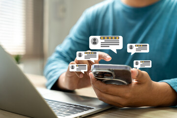 Online customer satisfaction Survey service concept, client rate service from experience in application,Consumer give five-Stars and feedback review for quality, Business reputation ranking from buyer