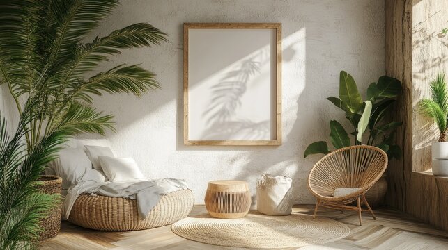 Simple bedroom with a white wall and natural rattan furnishings, showcasing a blank mockup frame for design previews